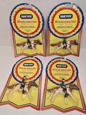 Set Of 4 Vtg Breyer Stablemates English Rider & Saddle Set Chestnut Pinto #5203